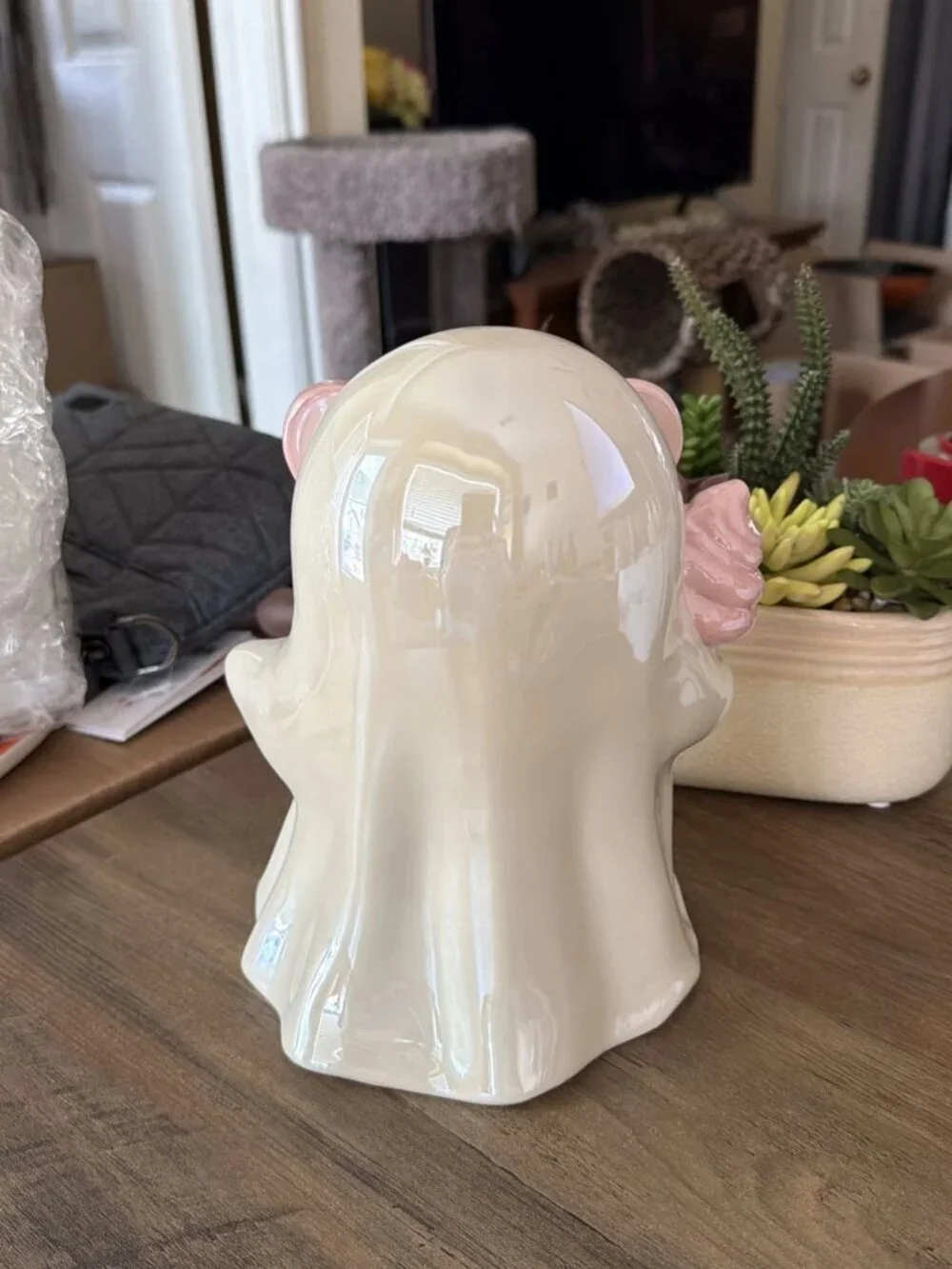 Ceramic Ghost Figurine Wearing Pink Heart Shaped Sunglasses, Ice Cream Cone